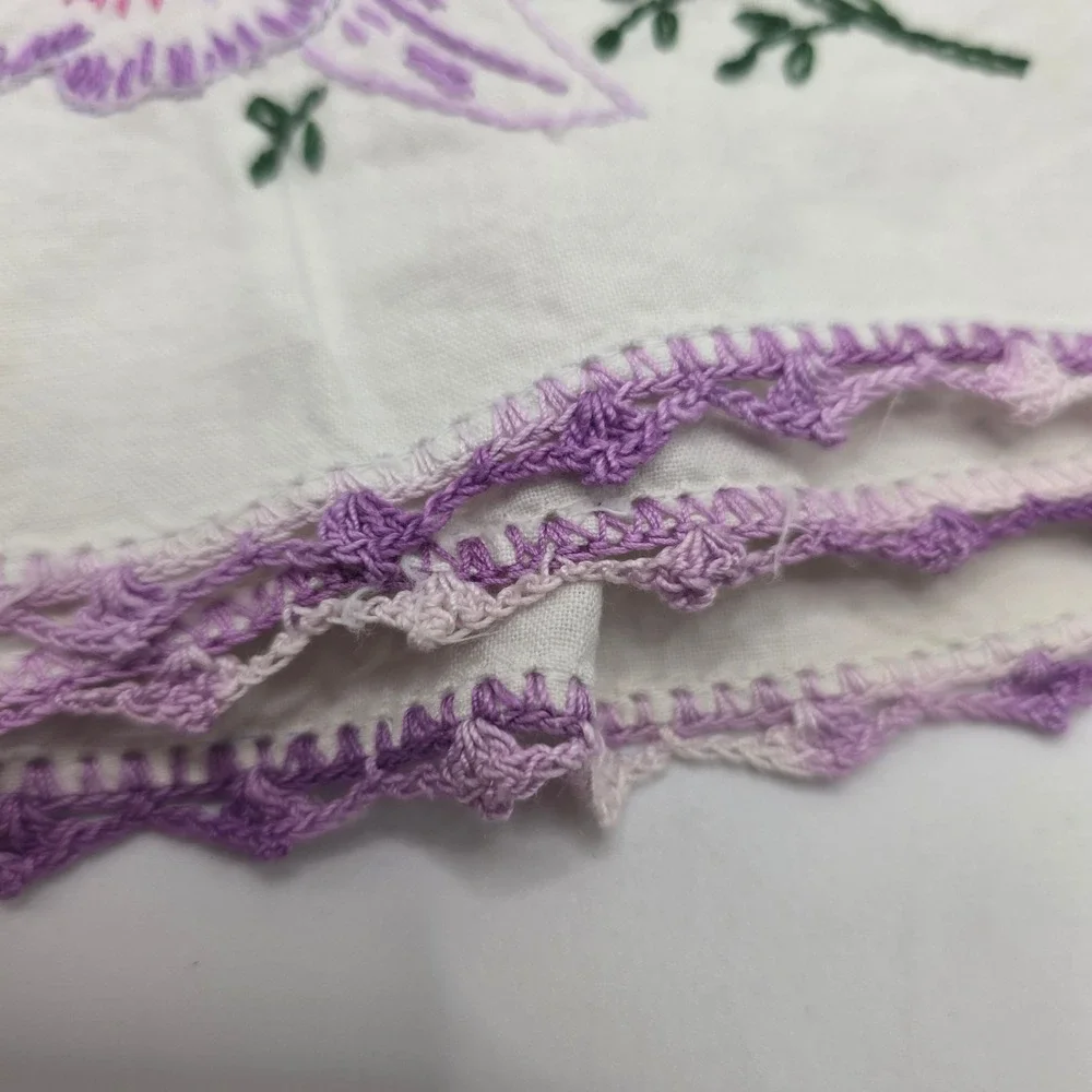 Vintage Hand Embroidered Dresser Scarf Purple Orchid Crochet Edge Table Runner